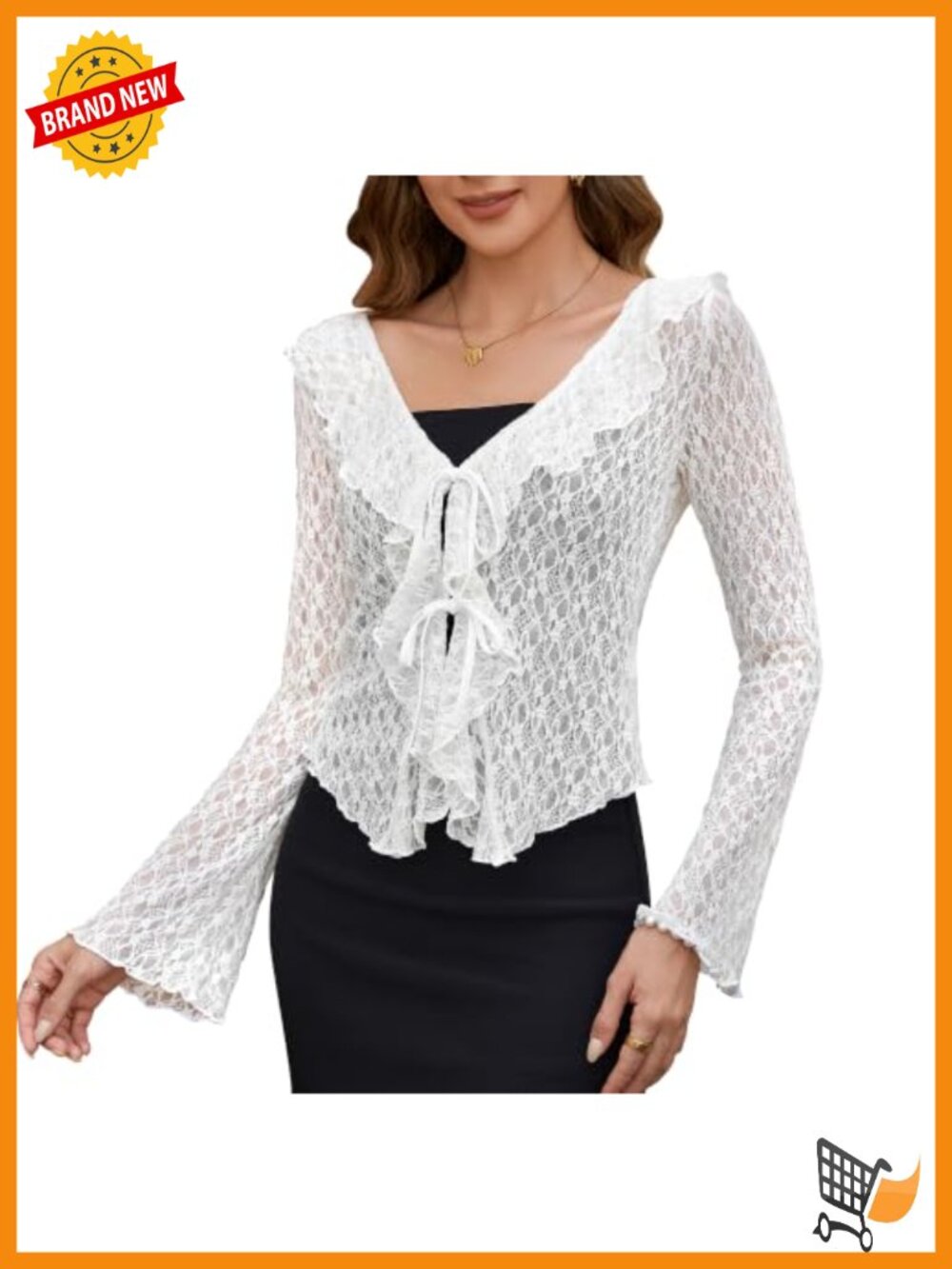 Tie Front Lace Cardigan Long Bell Sleeve Crop Cover Up Shrug